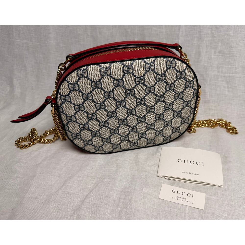 Gucci GG Supreme Mini Chain Crossbody Camera Bag - Hibiscus Red, Beige & Navy - Picture 14 of 15